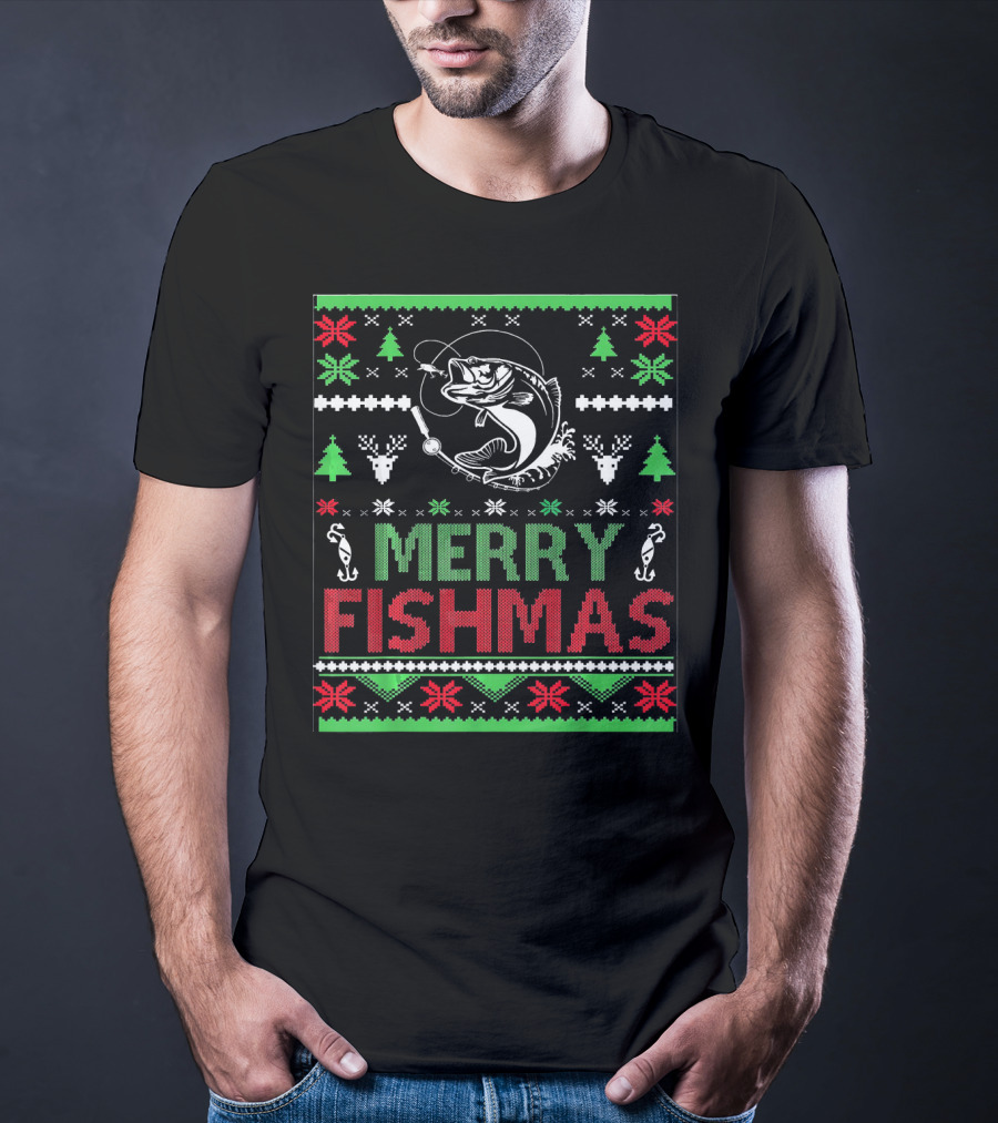 Merry Fishmas Ugly Fishing Christmas Bass Fish T-Shirt