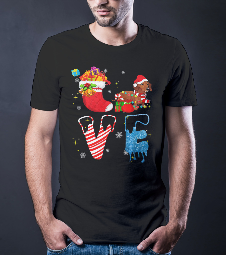 Dachshund Forever Love Merry Christmas Stocking Candy Cane Snowflakes T-Shirt