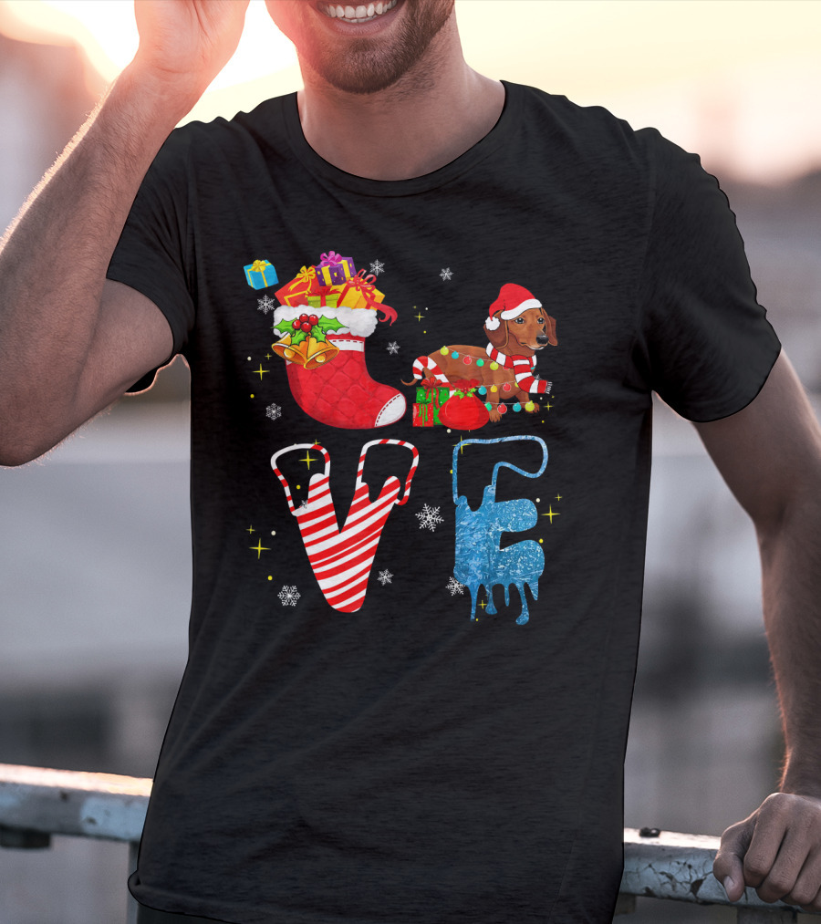 Dachshund Forever Love Merry Christmas Stocking Candy Cane Snowflakes T-Shirt