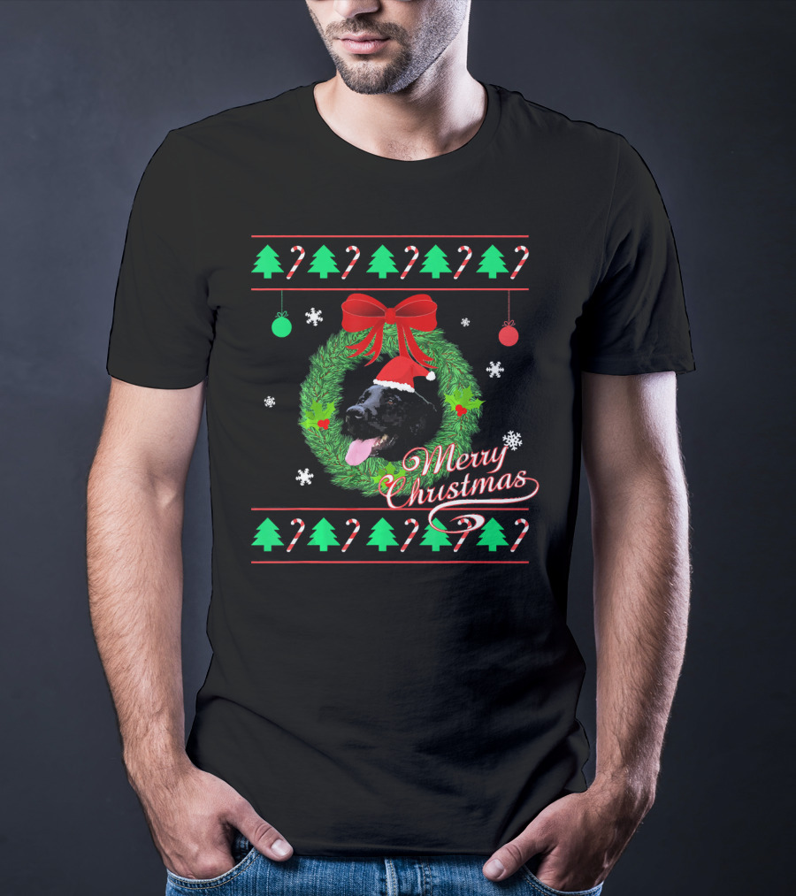 Merry Christmas Black Lab Puppy In Santa Hat With Wreath And Candy Canes T-Shirt