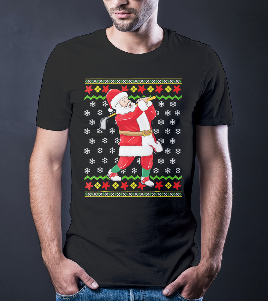 Ugly Christmas Santa Playing Golf Snowflakes T-Shirt