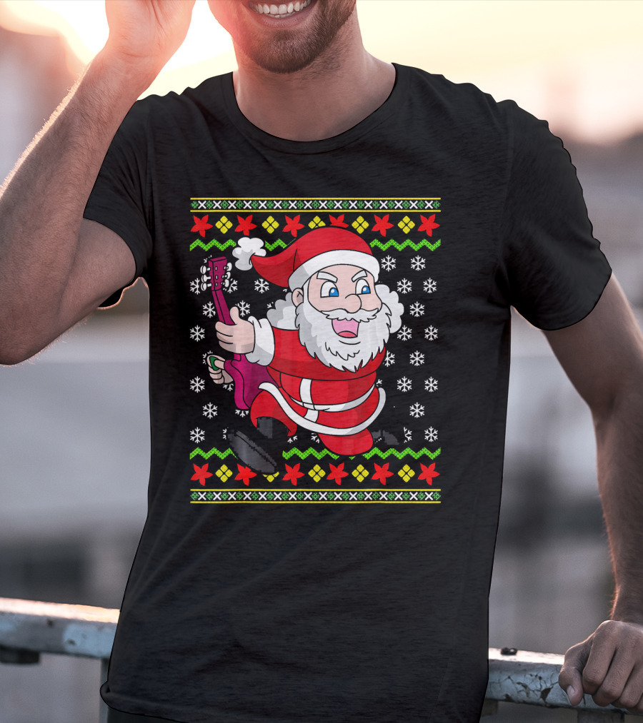 Ugly Christmas Santa Playing Guitar Festive T-Shirt