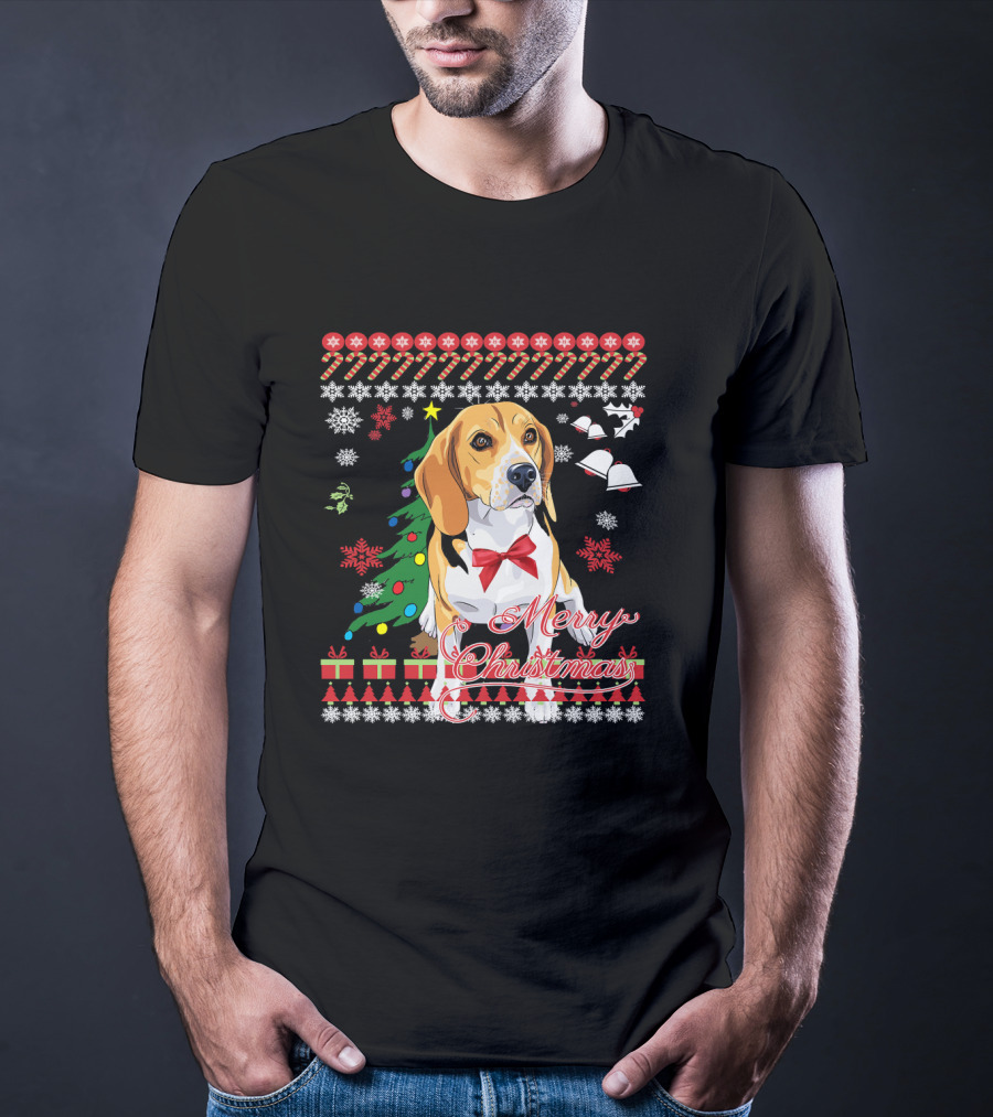 Merry Christmas Beagle With Candy Canes Snowflakes Bells And Gifts T-Shirt