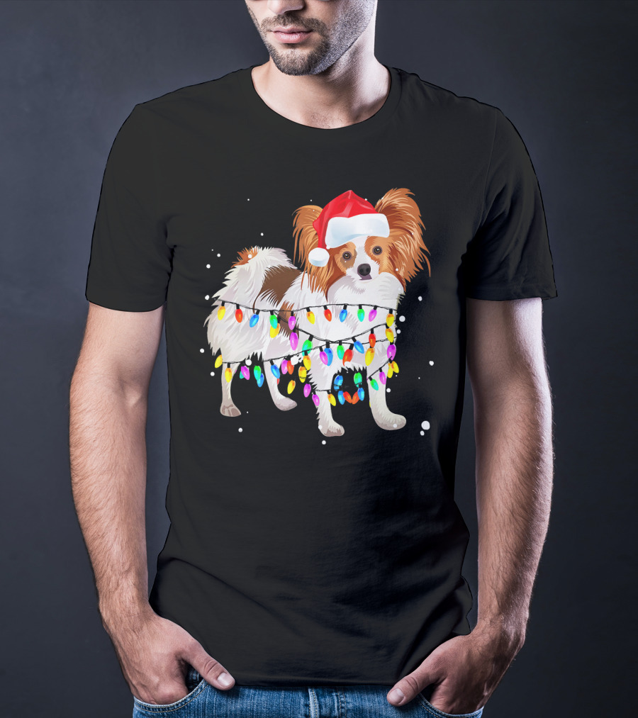 Papillon Dog Wrapped In Colorful Christmas Lights Wearing Santa Hat T-Shirt