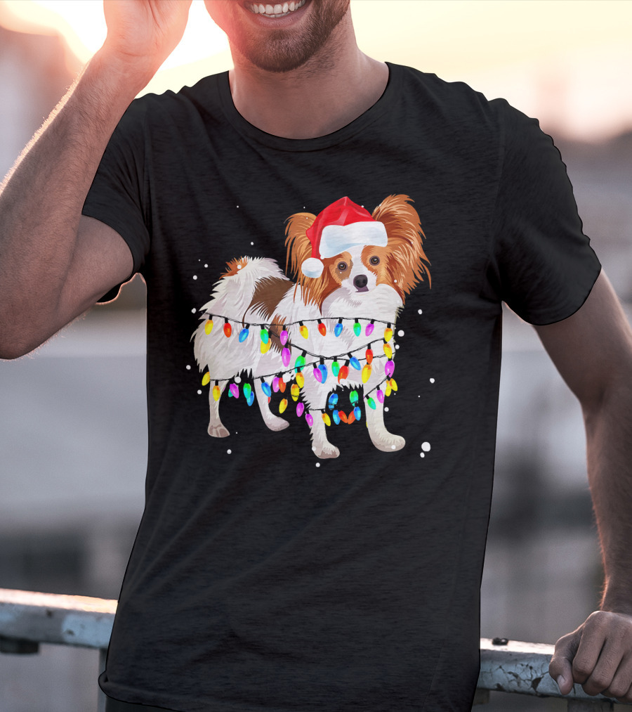 Papillon Dog Wrapped In Colorful Christmas Lights Wearing Santa Hat T-Shirt