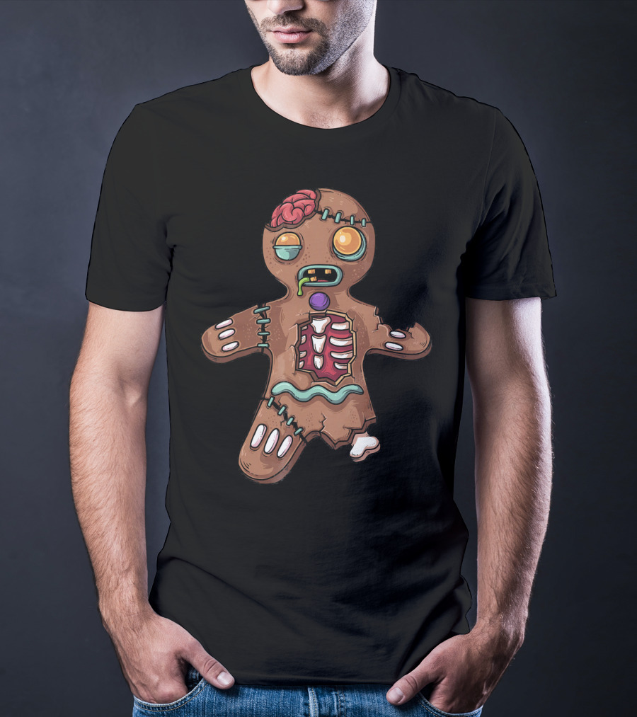 Zombie Christmas Gingerbread Man With Exposed Brain And Candy Bones T-Shirt