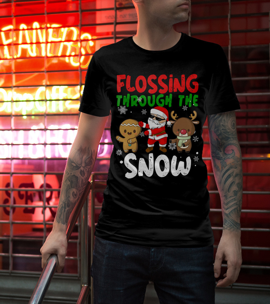 Flossing Through The Snow Santa Gingerbread Reindeer Christmas T-Shirt