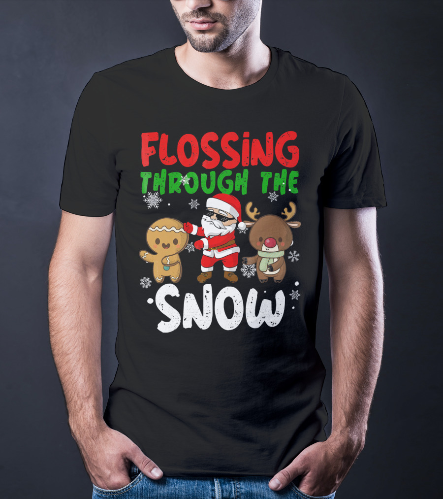 Flossing Through The Snow Santa Gingerbread Reindeer Christmas T-Shirt