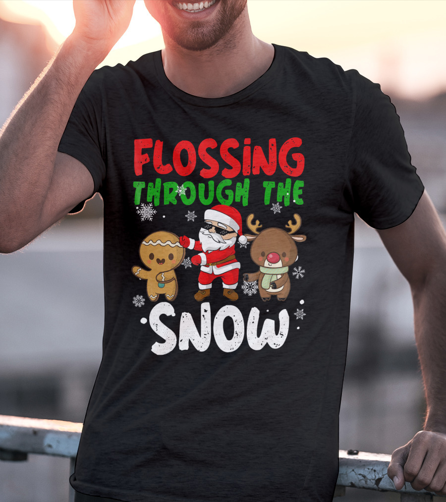 Flossing Through The Snow Santa Gingerbread Reindeer Christmas T-Shirt