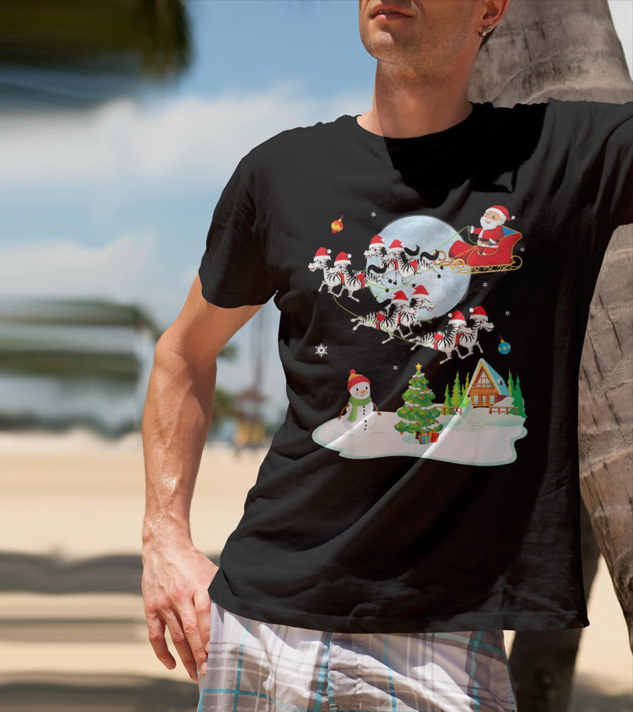 Santa Claus Sleigh With Zebras And Snowman By Christmas Tree T-Shirt