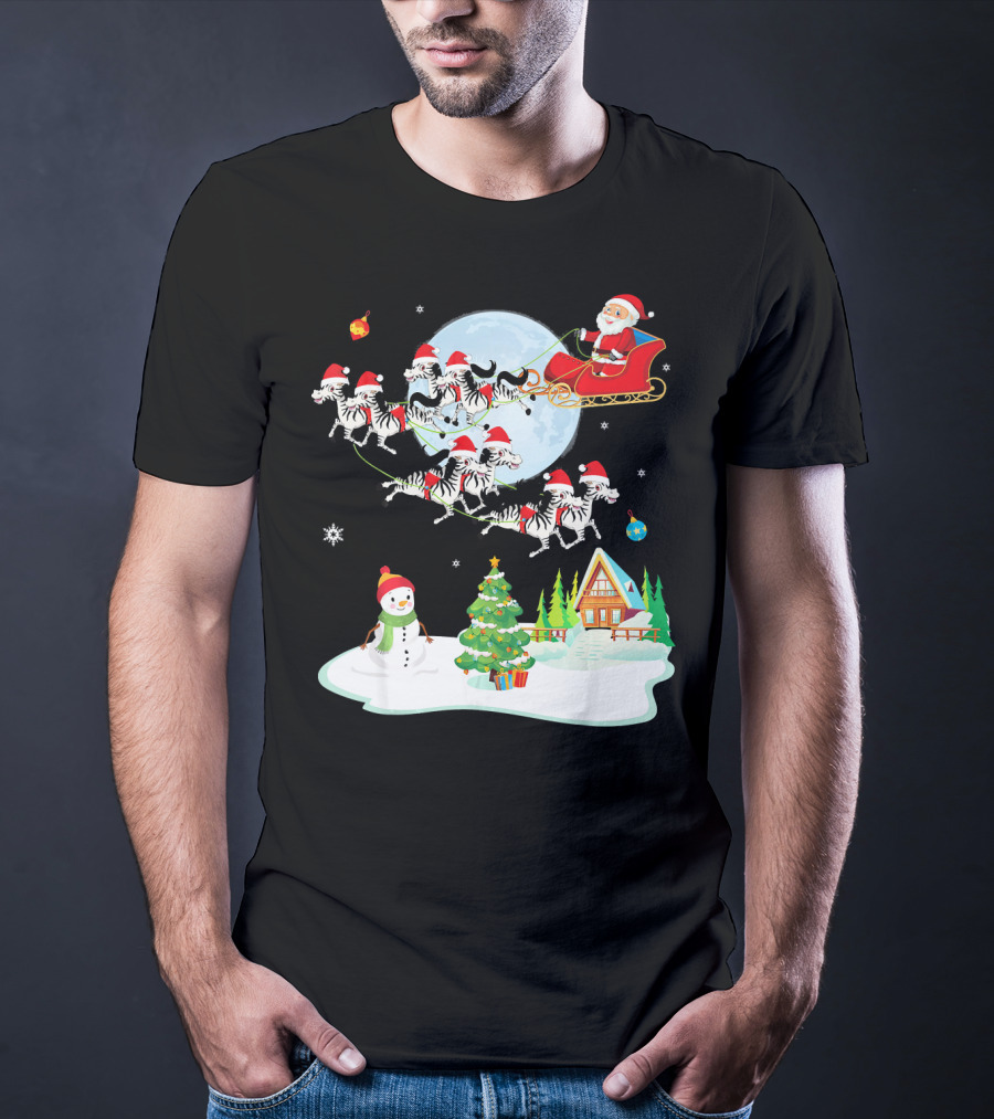 Santa Claus Sleigh With Zebras And Snowman By Christmas Tree T-Shirt