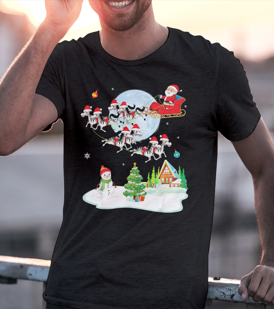 Santa Claus Sleigh With Zebras And Snowman By Christmas Tree T-Shirt