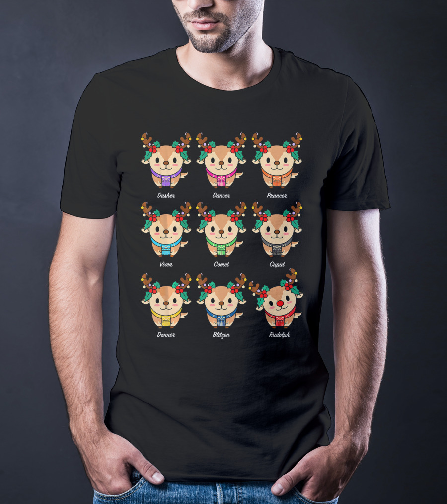 Adorable Reindeer With Names Dasher Dancer Prancer Vixen Comet Cupid Donner Blitzen Rudolph T-Shirt