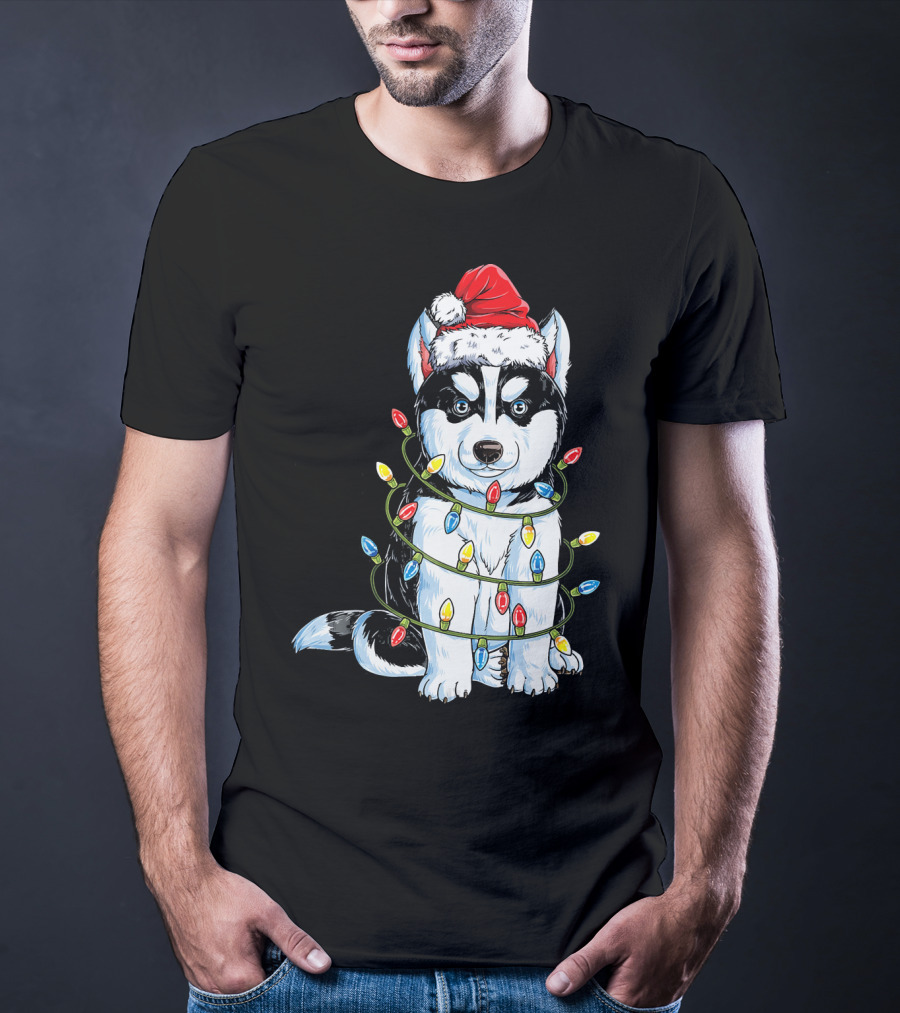 Siberian Husky Wrapped In Christmas Lights With Santa Hat T-Shirt