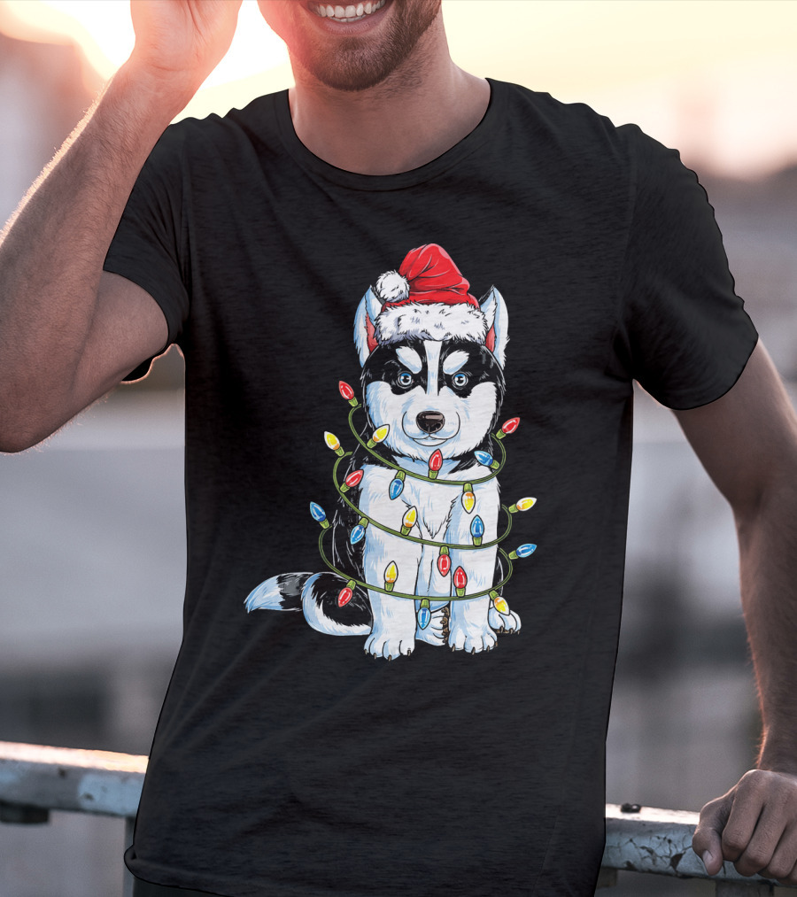 Siberian Husky Wrapped In Christmas Lights With Santa Hat T-Shirt