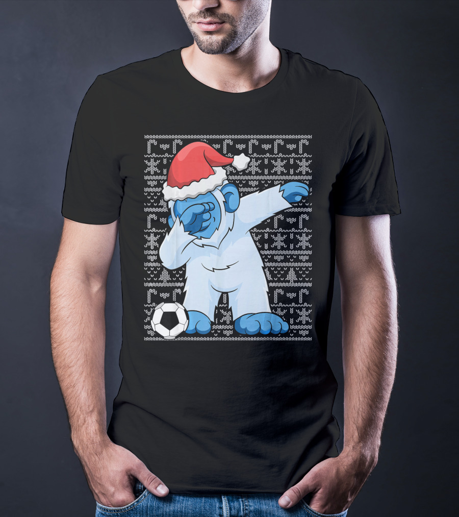 Dabbing Abominable Snowman Santa With Soccer Ball Holiday Ugly T-Shirt