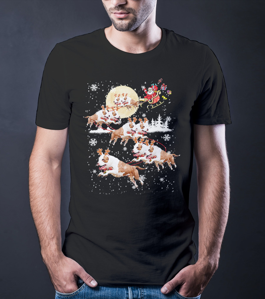 Santa's Christmas Pitbull Reindeer Sleigh Ride T-Shirt