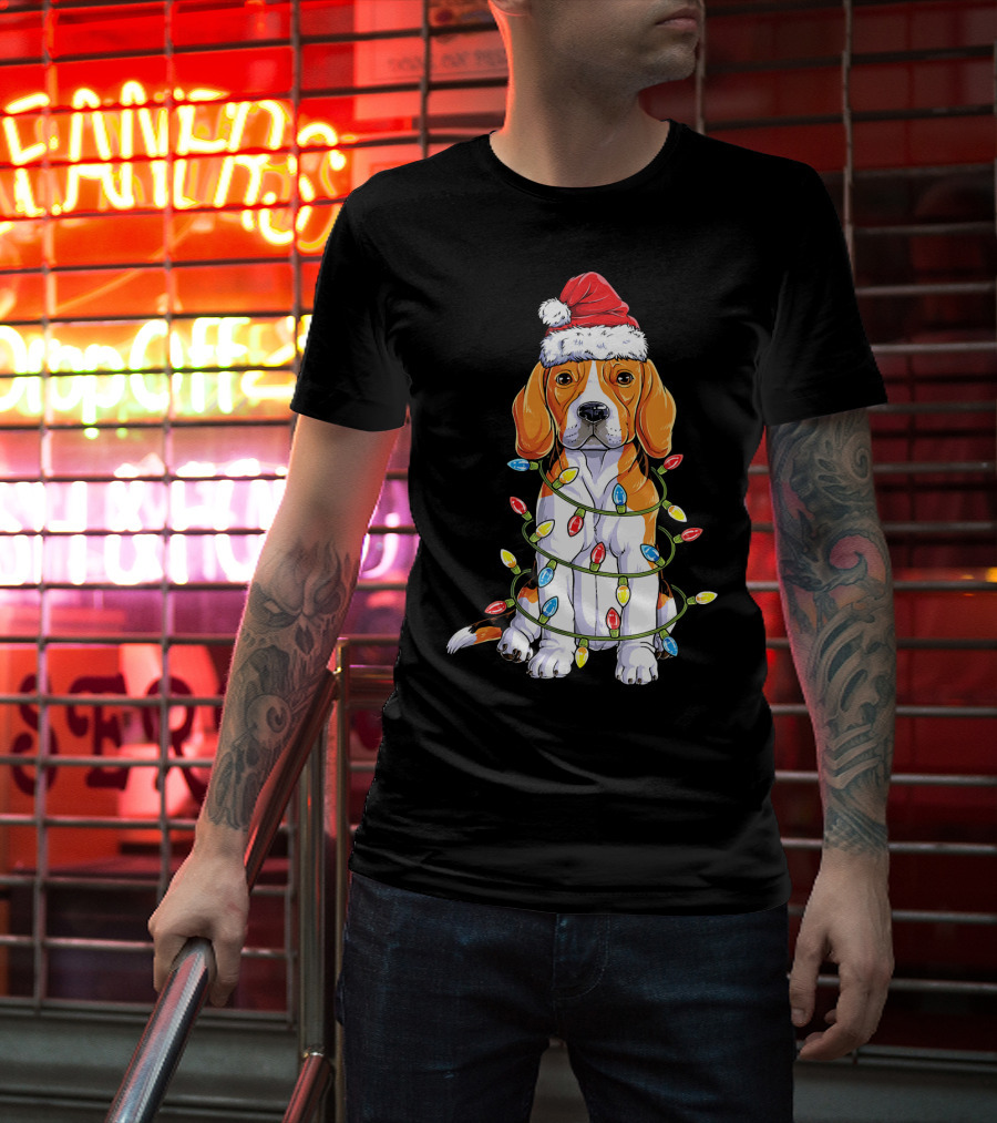 Beagle Wrapped In Christmas Lights With Santa Hat T-Shirt