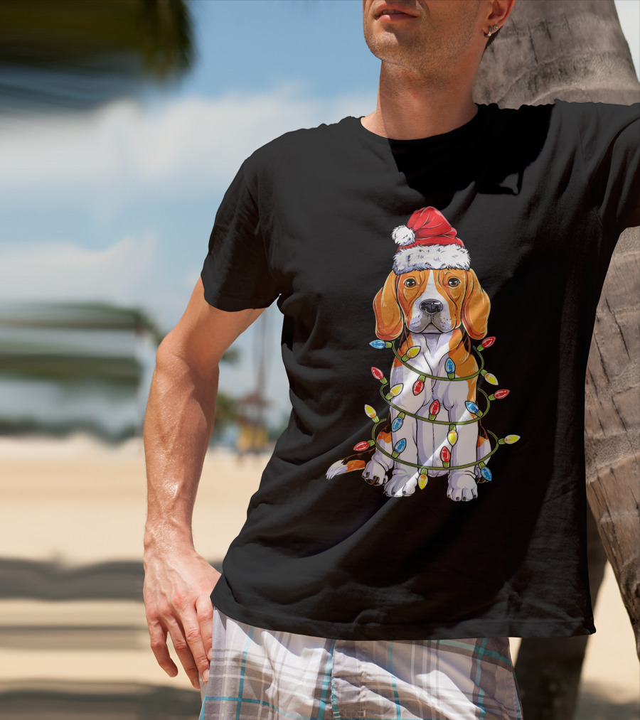 Beagle Wrapped In Christmas Lights With Santa Hat T-Shirt