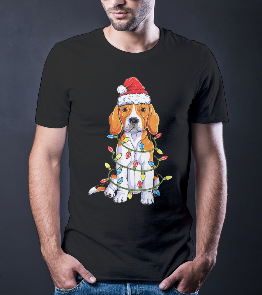 Beagle Wrapped In Christmas Lights With Santa Hat T-Shirt