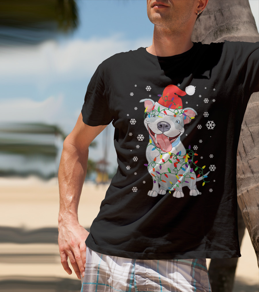 Pitbull Wrapped In Christmas Lights With Santa Hat And Snowflakes T-Shirt
