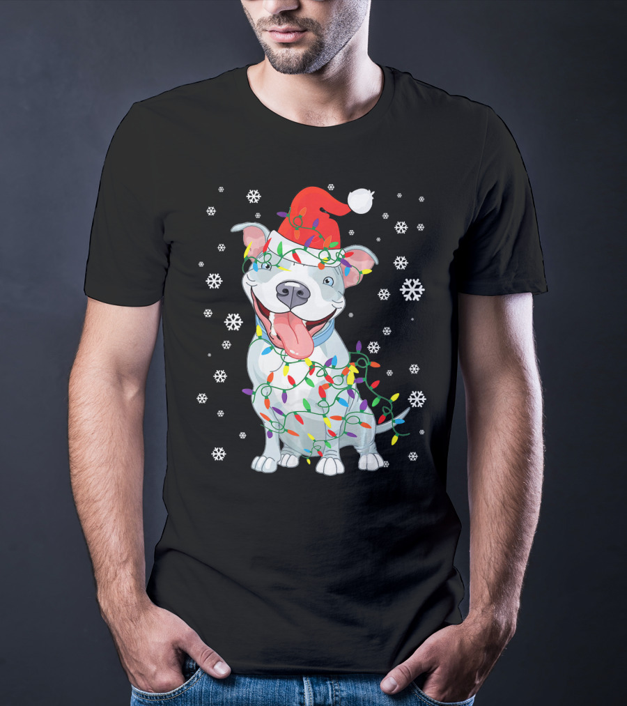 Pitbull Wrapped In Christmas Lights With Santa Hat And Snowflakes T-Shirt