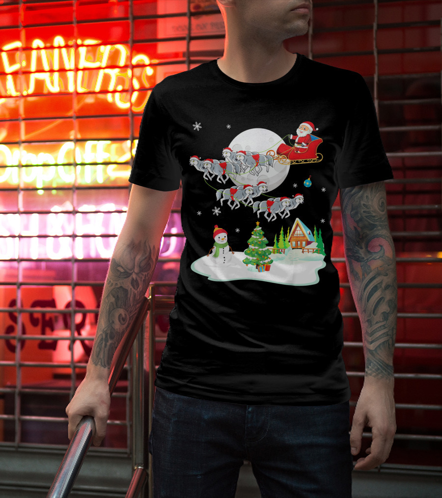Santa Claus Sleigh Riding Over Snowman And Christmas Scene With Wolves T-Shirt