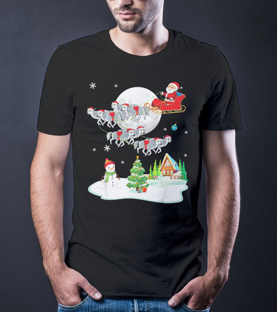 Santa Claus Sleigh Riding Over Snowman And Christmas Scene With Wolves T-Shirt