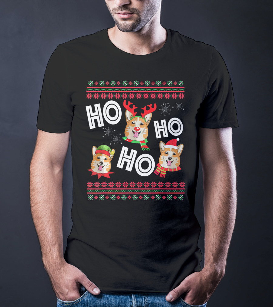HO HO HO Corgi Funny Dog Reindeer Elf Santa Hats Snowflakes Christmas Holiday T-Shirt