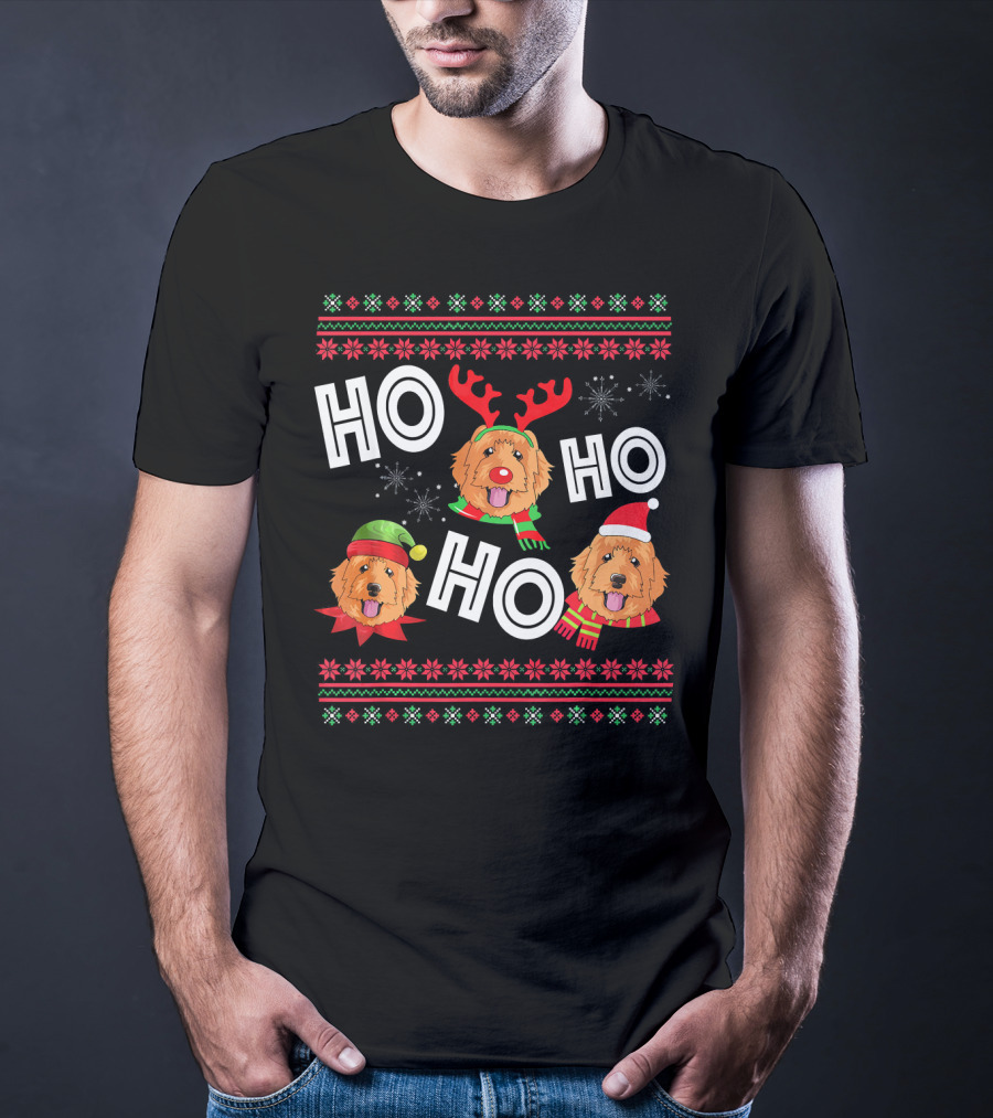 HO HO HO Golden Doodle Funny Dog Christmas Antlers Santa Hat Snowflakes T-Shirt