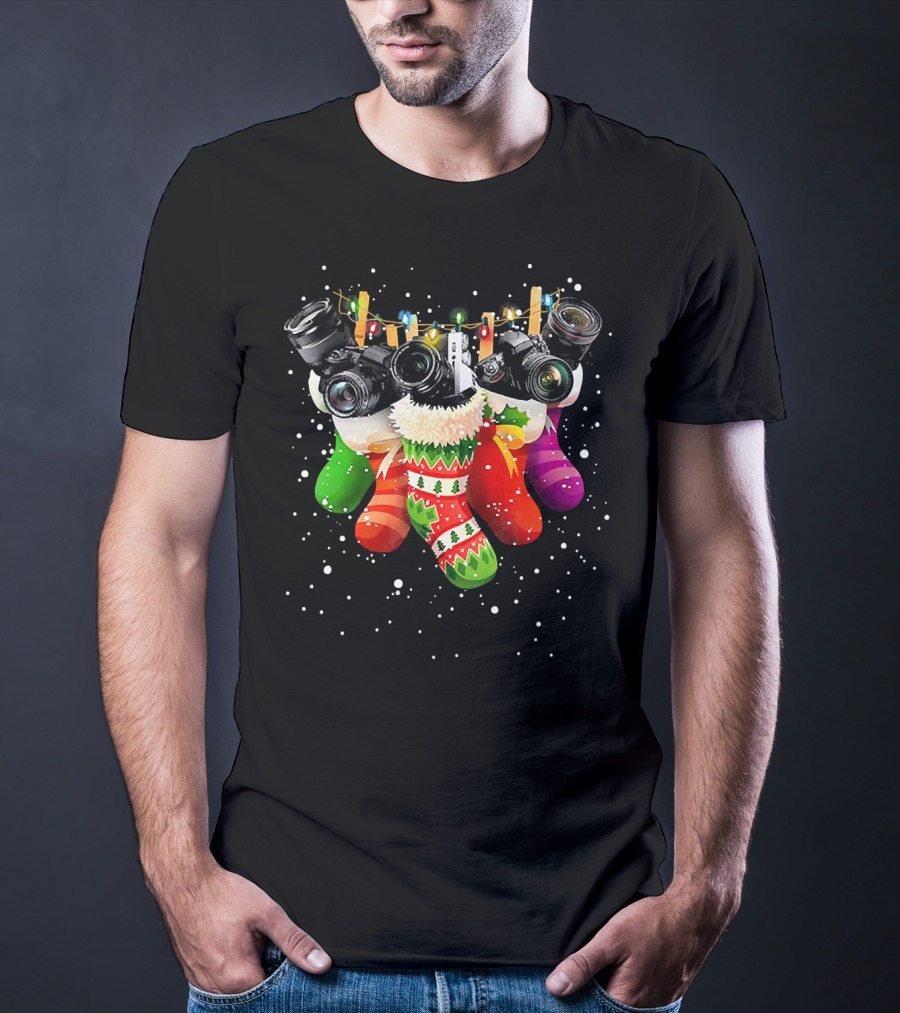 Christmas Stocking Cameras With Festive Lights For Photography Lovers T-Shirt