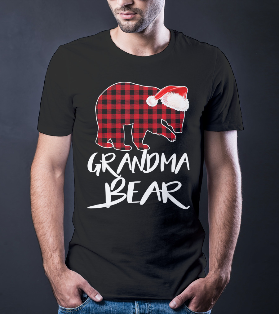 Grandma Bear Red Plaid Santa Hat T-Shirt