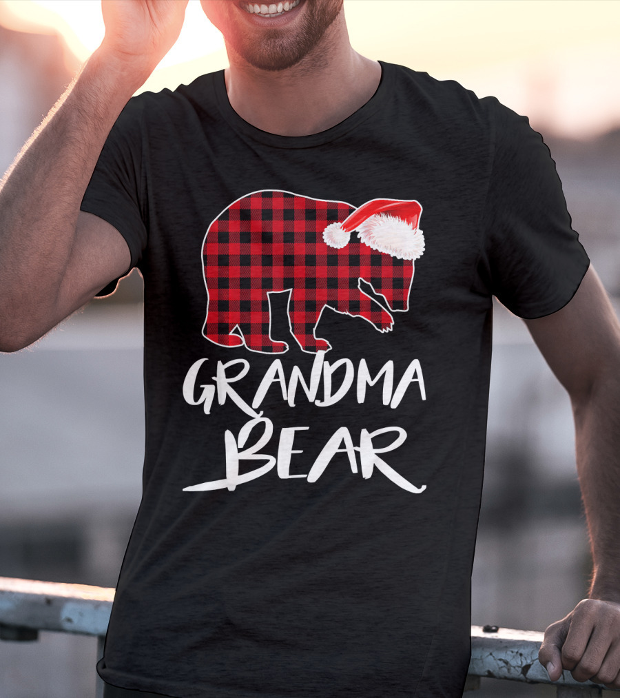 Grandma Bear Red Plaid Santa Hat T-Shirt