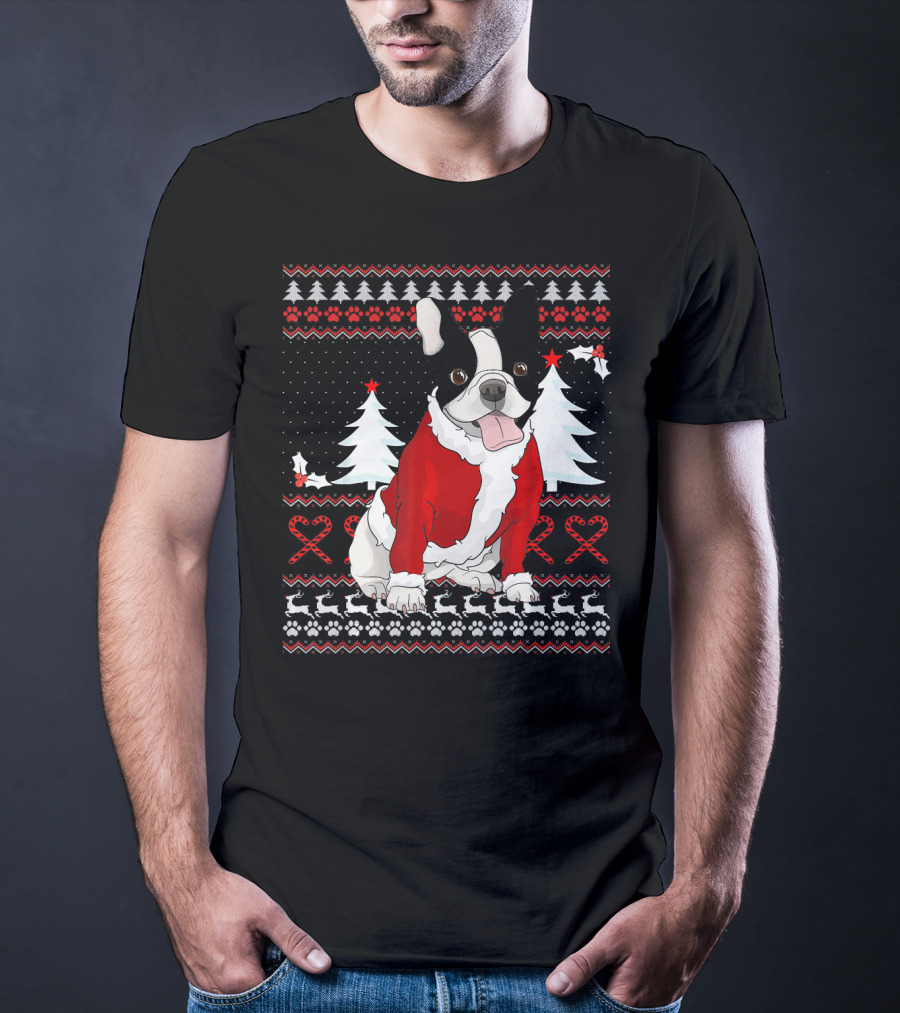 Cute French Bulldog Christmas Sweater With Santa Outfit And Holiday Trees T-Shirt
