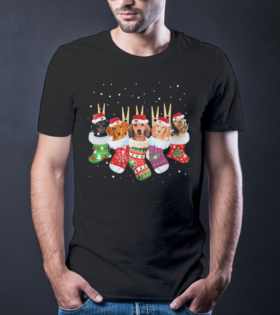Christmas Socks Dachshund Santa Hats Snowflakes T-Shirt