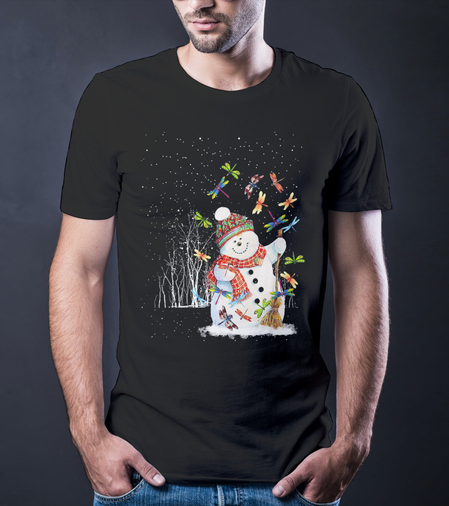 Merry Christmas Dragonfly Snowman In Winter Scene T-Shirt