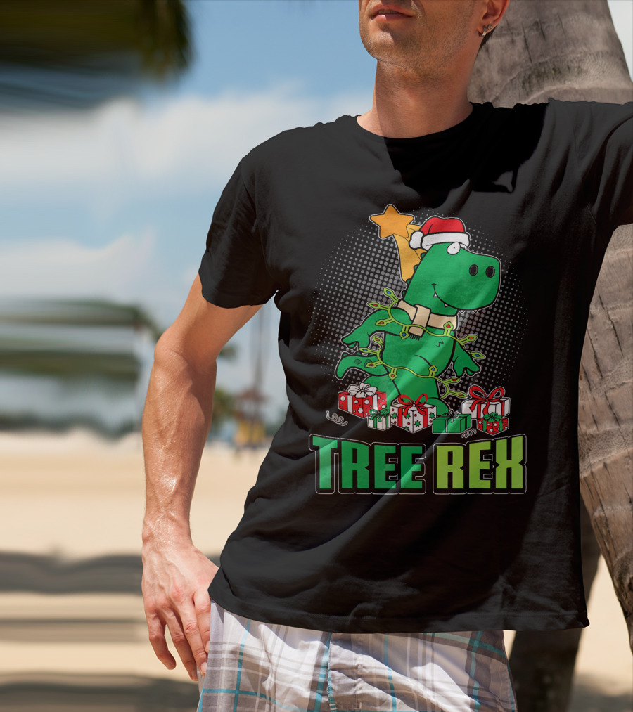 Tree Rex Funny Cute Christmas Dinosaur With Santa Hat And Gifts T-Shirt