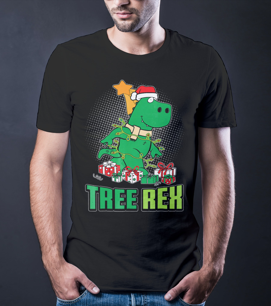 Tree Rex Funny Cute Christmas Dinosaur With Santa Hat And Gifts T-Shirt