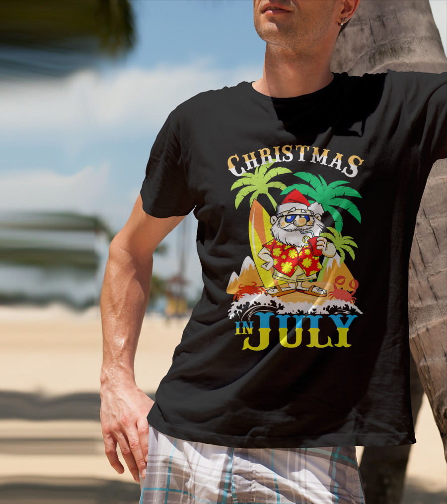 Christmas In July Santa Tropical Surf Vibes T-Shirt