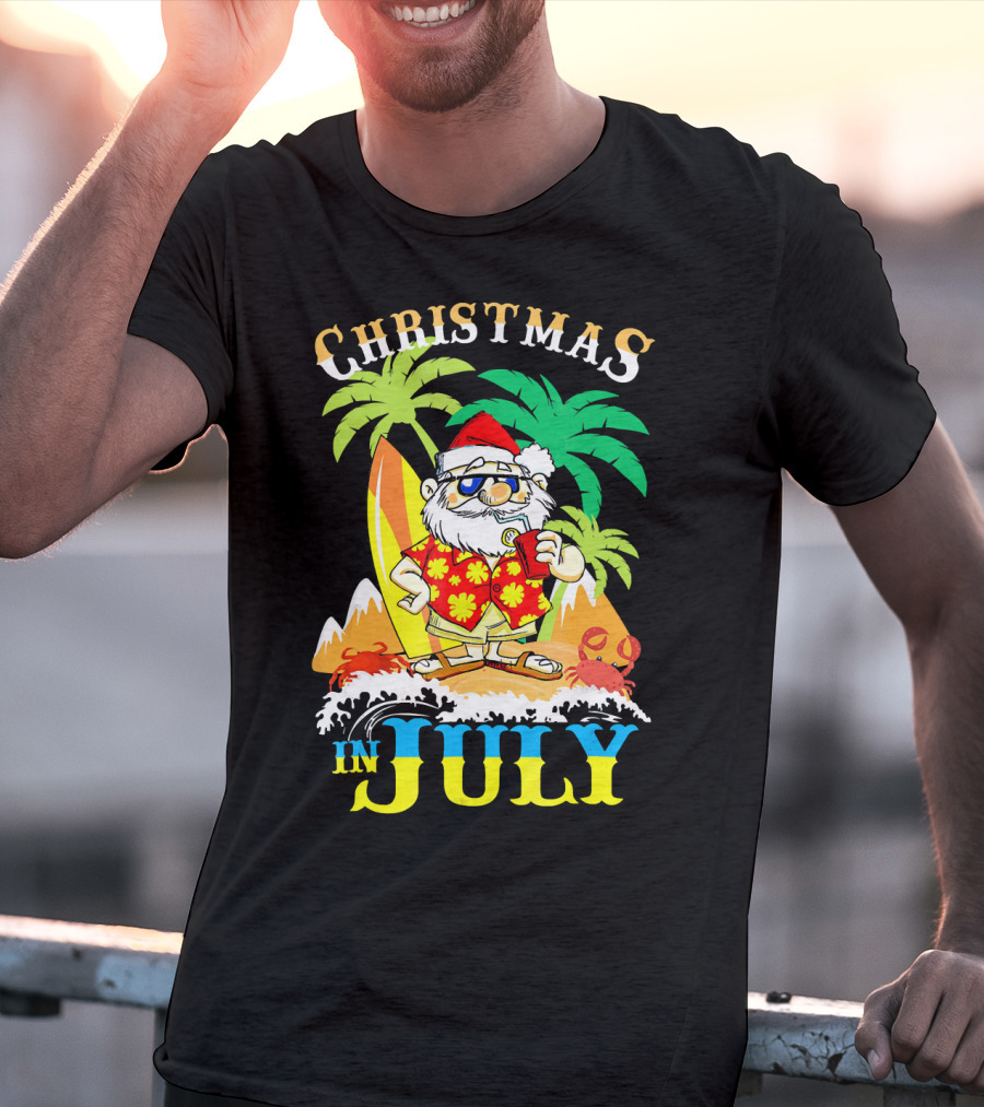 Christmas In July Santa Tropical Surf Vibes T-Shirt