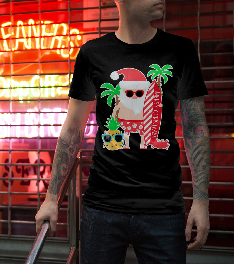 Merry Christmas Santa Surfing Hawaiian Pineapple Palm Trees T-Shirt