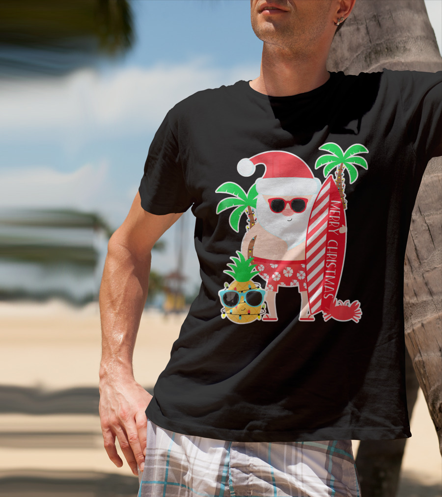 Merry Christmas Santa Surfing Hawaiian Pineapple Palm Trees T-Shirt