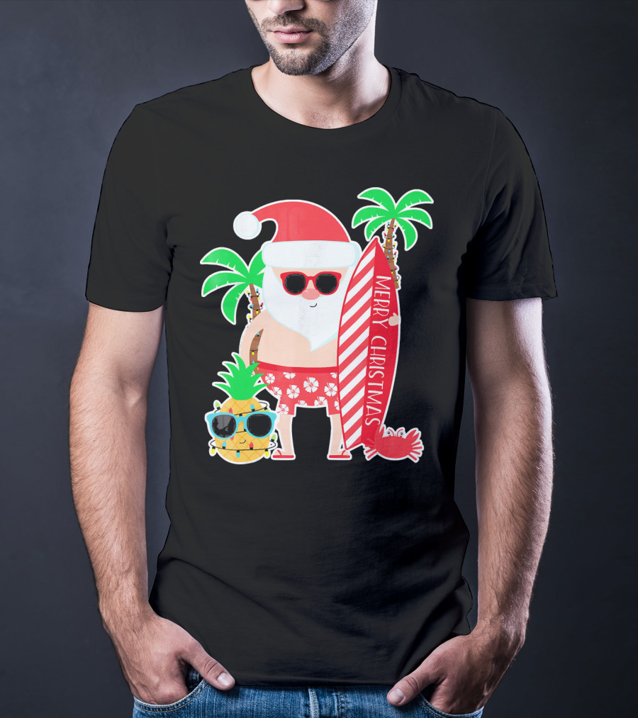 Merry Christmas Santa Surfing Hawaiian Pineapple Palm Trees T-Shirt