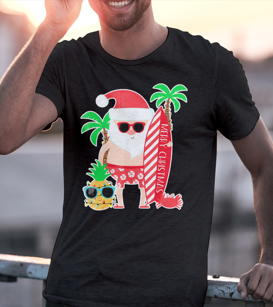Merry Christmas Santa Surfing Hawaiian Pineapple Palm Trees T-Shirt