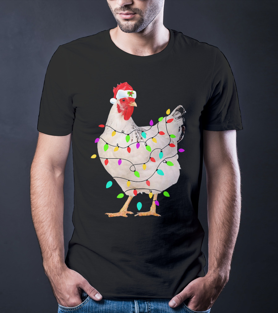 Chicken Christmas Light Funny Chicken Santa Hat Festive Holiday Decor T-Shirt