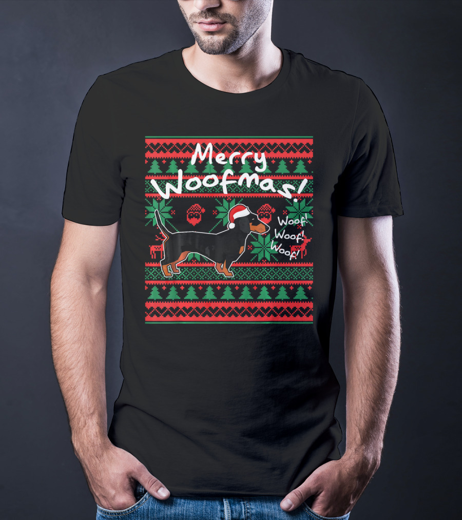 Merry Woofmas Dachshund Dog With Santa Hat Woof Woof Woof Christmas T-Shirt