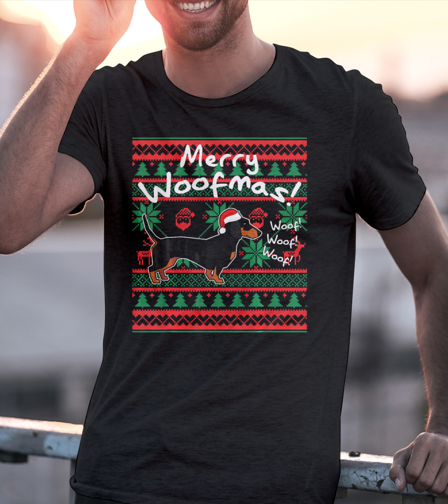 Merry Woofmas Dachshund Dog With Santa Hat Woof Woof Woof Christmas T-Shirt