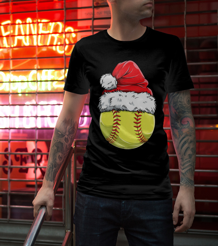 Santa Hat Softball Christmas T-Shirt