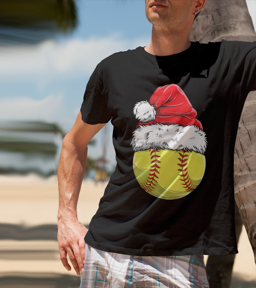 Santa Hat Softball Christmas T-Shirt