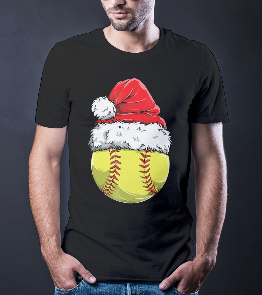 Santa Hat Softball Christmas T-Shirt